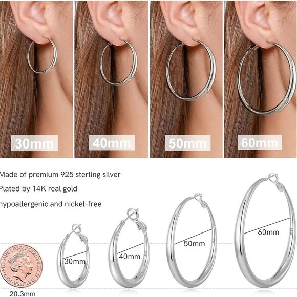 Sterling Silver Hoop Earrings - Hypoallergenic, Lightweight, Chunky, 14K Real Go - Picture 2 of 5